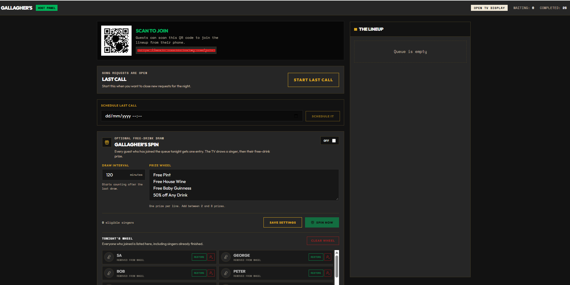 Auto Karaoke host panel showing queue management and prize wheel settings